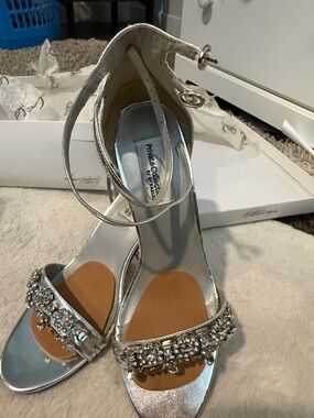 Silver Jeweled Ankle-Strap Heels by Private Collection